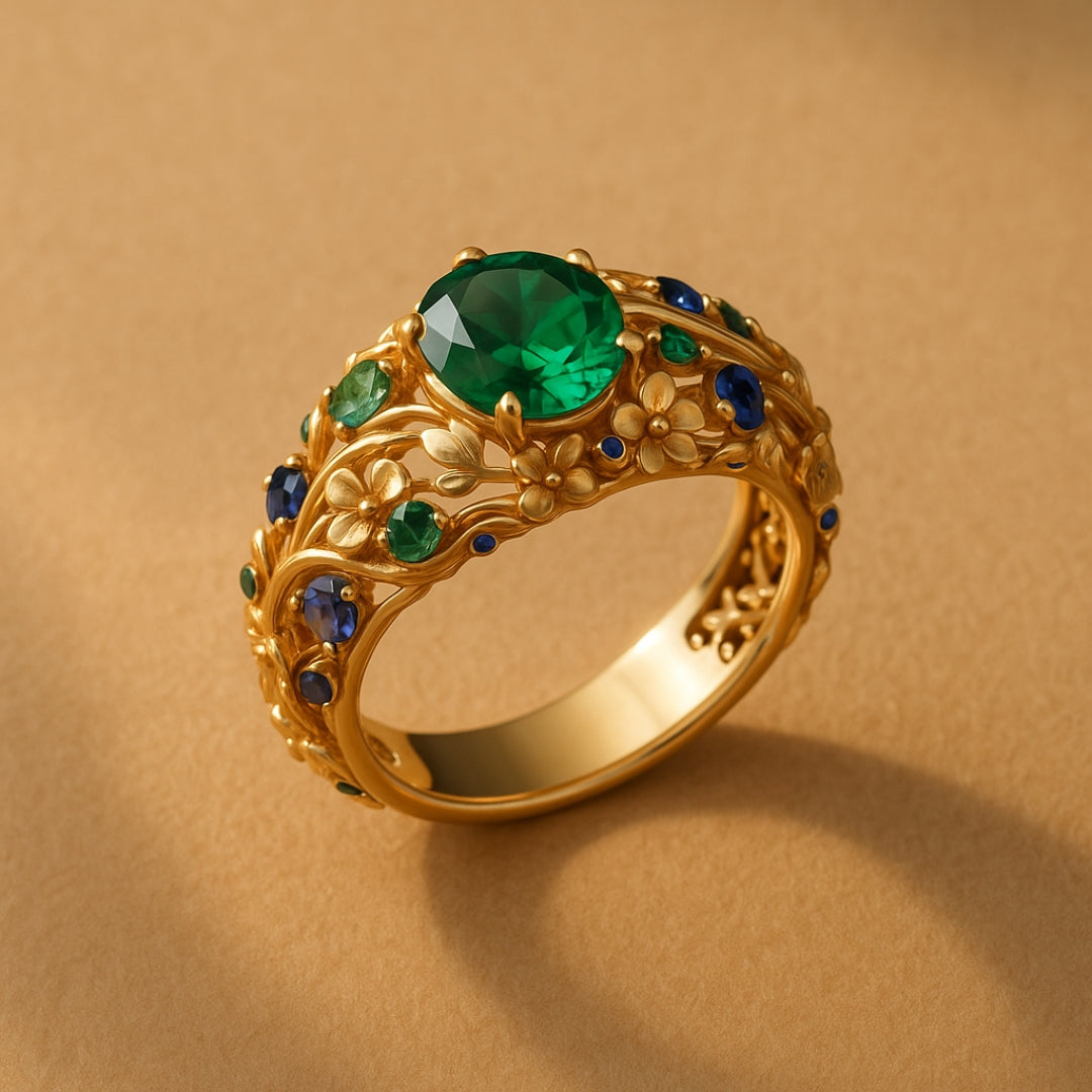 Goldring mit grünen und blauen Kristallen