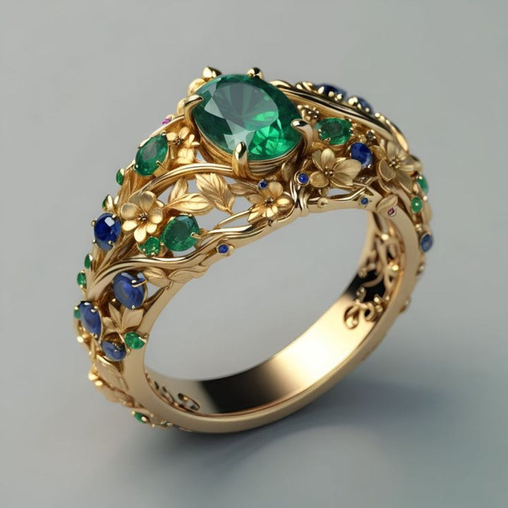 Goldring mit grünen und blauen Kristallen
