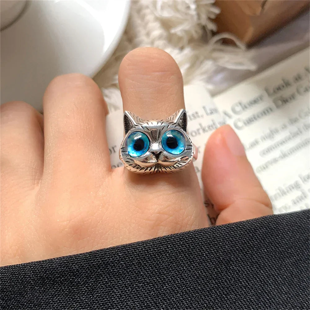 Ring mit blauäugiger Katze – Vintage-Modeschmuckring aus Silber