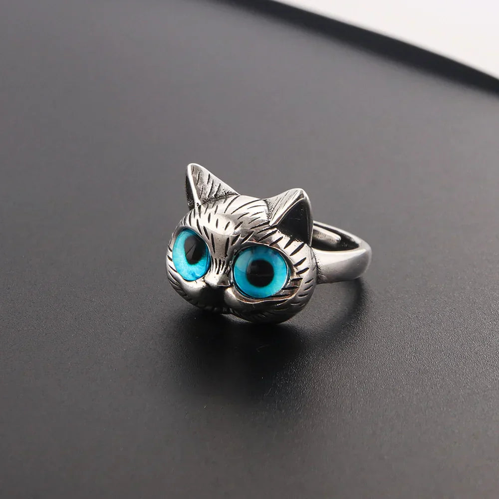 Ring mit blauäugiger Katze – Vintage-Modeschmuckring aus Silber