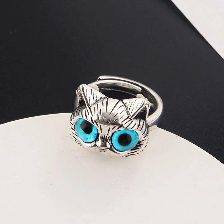 Ring mit blauäugiger Katze – Vintage-Modeschmuckring aus Silber