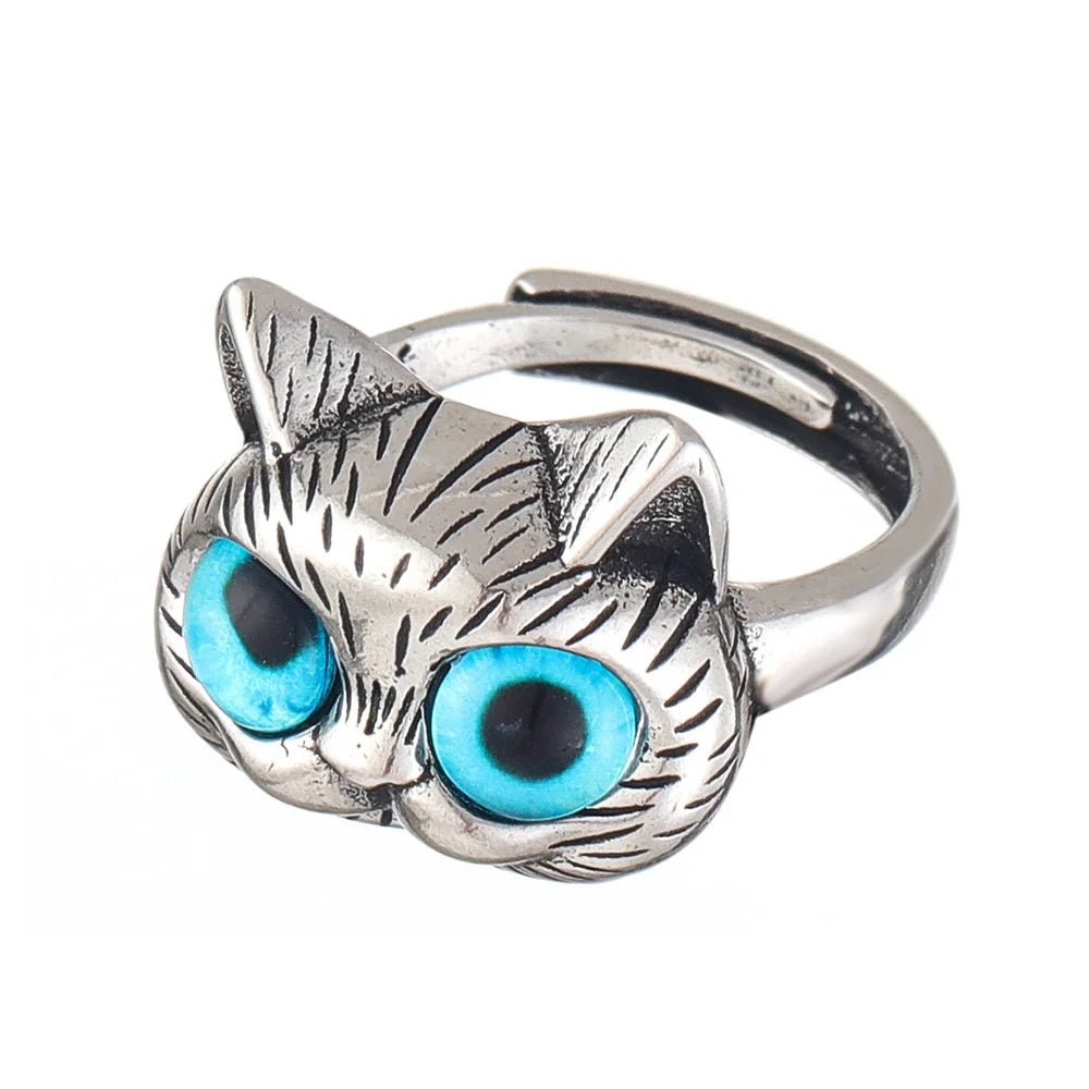 Ring mit blauäugiger Katze – Vintage-Modeschmuckring aus Silber