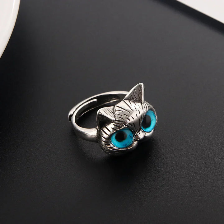 Ring mit blauäugiger Katze – Vintage-Modeschmuckring aus Silber