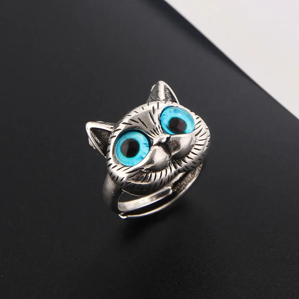 Ring mit blauäugiger Katze – Vintage-Modeschmuckring aus Silber