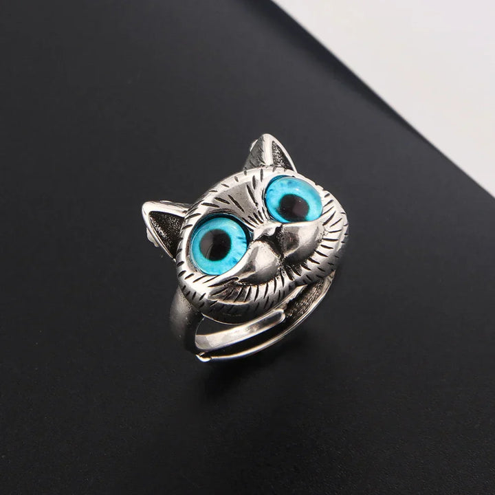 Ring mit blauäugiger Katze – Vintage-Modeschmuckring aus Silber